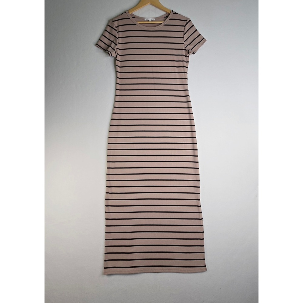Antistar Womens Large Mauve Pink Black Striped Ribbed Short Sleeve Maxi Dress
